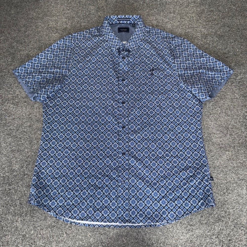 7Diamonds Mens XL Blue Geometric 4 Way Stretch Button Shirt Casual Short Sleeve